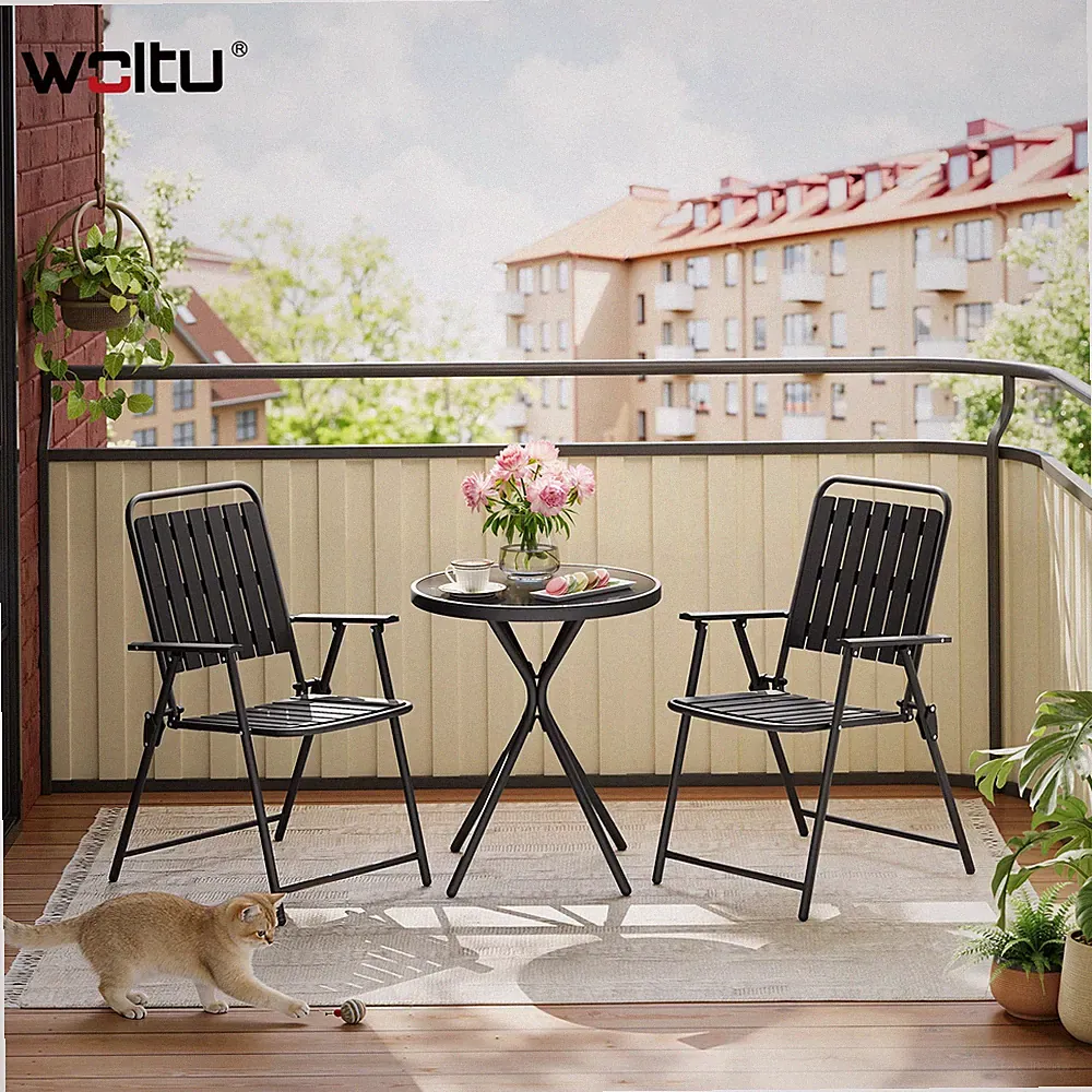 WOLTU 3-tlg Gartenmöbel Set Sitzgruppe Bistrotisch + 2 Klappbare Stühle Schwarz