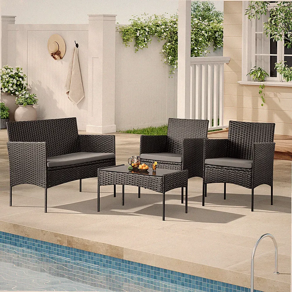 Woltu 4 Personen Polyrattan Sitzgruppe Balkon Terrasse Gartenmöbel-Set Schwarz
