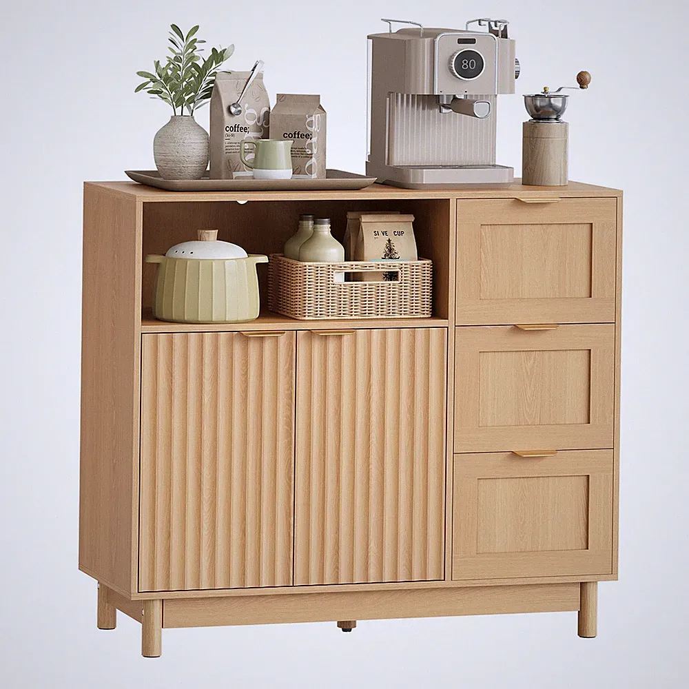 WOLTU Kommode Holzoptik mit 3 Schubladen 1 Offenem Fach Sideboard Buffetschrank