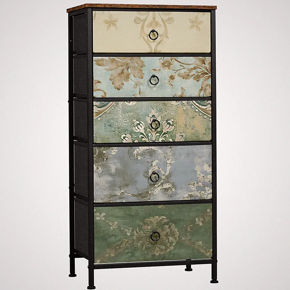 WOLTU Kommode mit 5 Schubladen aus Stoff Sideboard Vintage-Blumenmotiv Sideboard