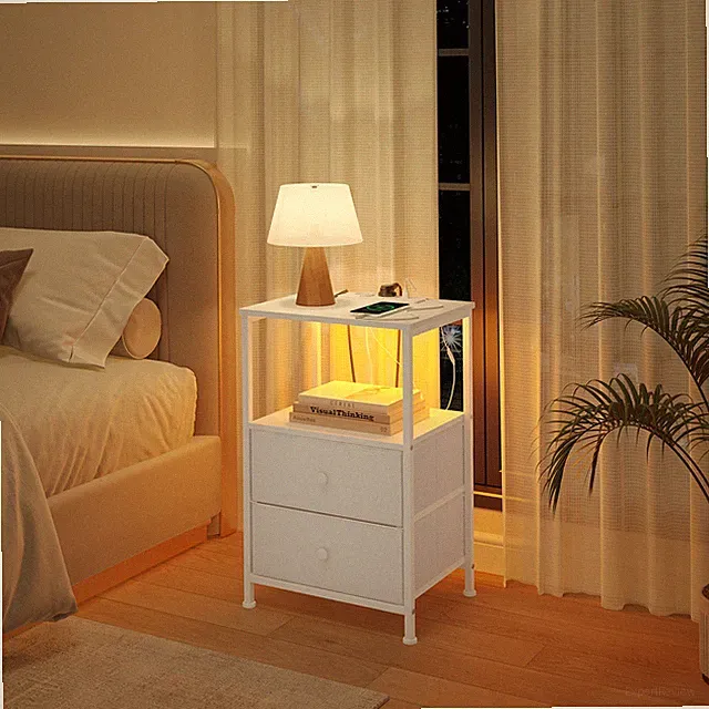 WOLTU Nachttisch 2er Set Weiß MDF Nachtschrank mit Ladefunktion LED-Beleuchtung
