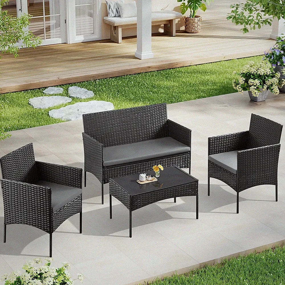 WOLTU Rattan Gartenmöbel Set 4-teilig Sofa Sessel Couchtisch Schwarz Kissen