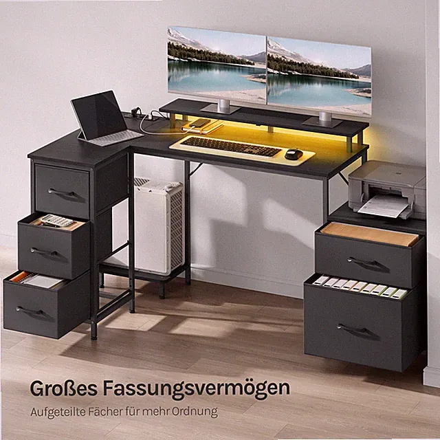 WOLTU Schreibtisch L Form mit 5 Schubladen & Steckdose Monitorständer 2 Ablagen