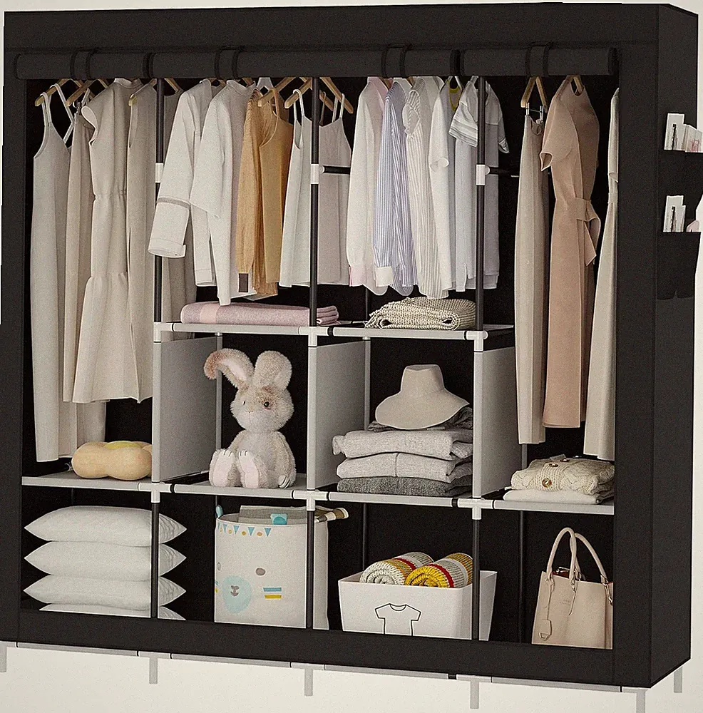 XL Groß Offener Kleiderschrank Schwerlast Metall Stoffschrank mit Schubladen DE