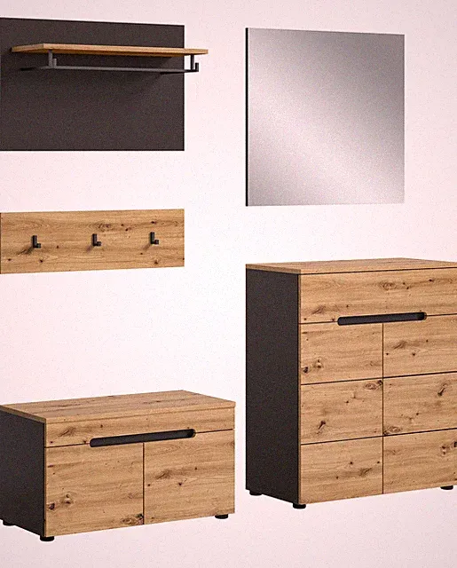 xonox.home 4 tlg. Garderobenmöbel-Set Sitzbank Paneel Kommode Spiegel Canu Grau