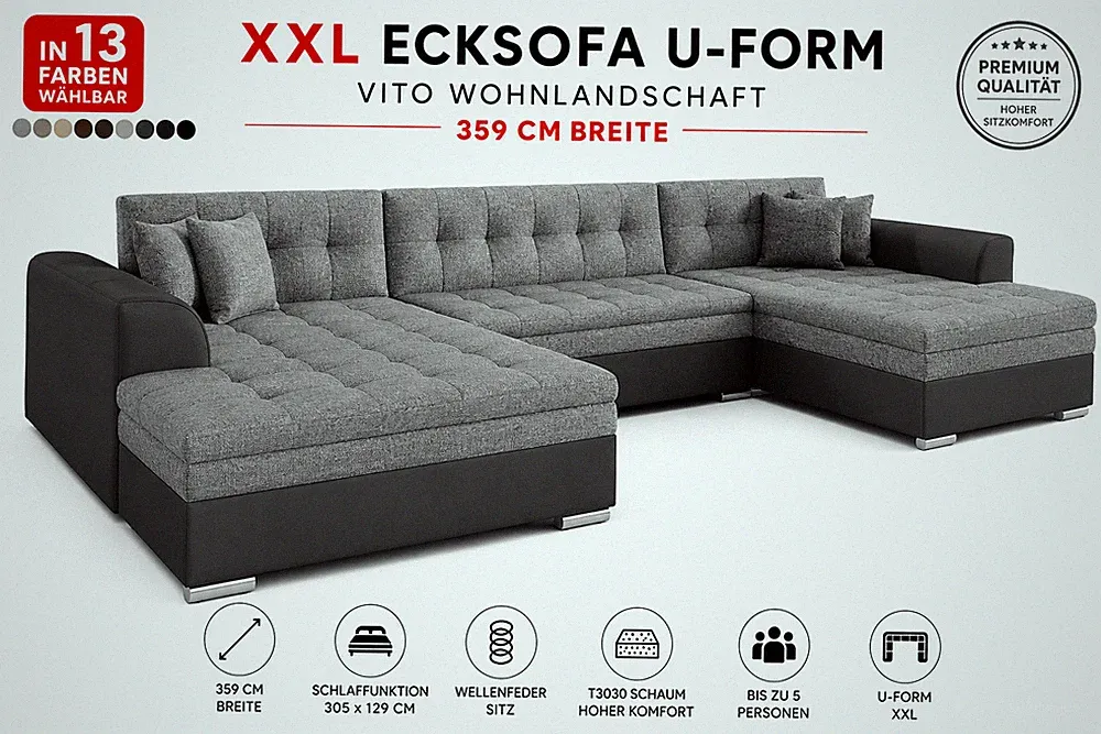 XXL Ecksofa U-Form mit Schlaffunktion VITO Wohnlandschaft 359 cm Sofa 23
