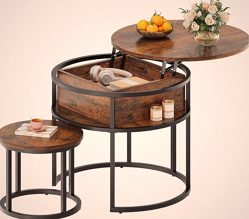 YITAHOME Couchtisch Rund, 2Er Set, Wohnzimmertisch Vintage Mit Stauraum Und Hebe