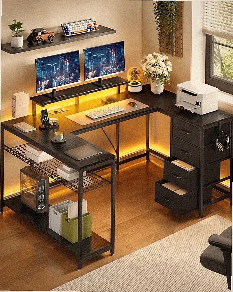 YITAHOME Gaming Schreibtisch L-Form 158cm LED 4 Schubladen Steckdose USB