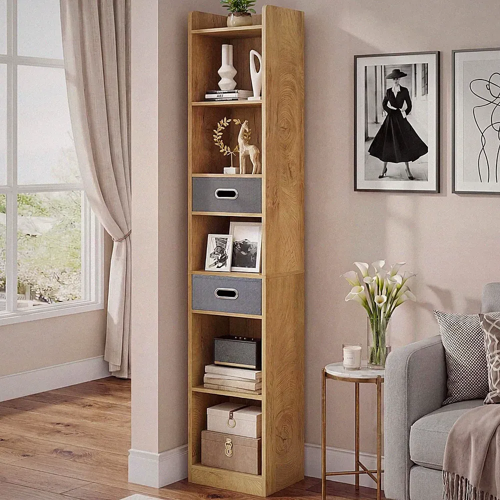 YITAHOME Hohes, Schmales Bücherregal, Schlankes Eckregal Mit 5 Ebenen Und 2 Stof