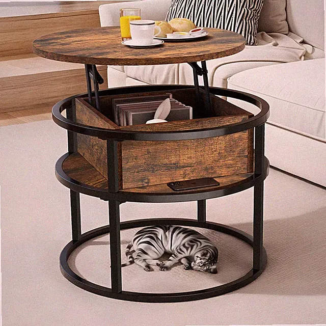 YITAHOME runder Couchtisch mit Hubplatte und verstecktem Ablagefach 60 x 60 cm