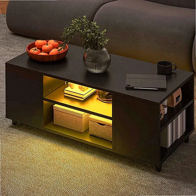 YITAHOME Schwarz Hochglanz Couchtisch mit RGB LED Verstellbarer Ablage, 97,5×48×45