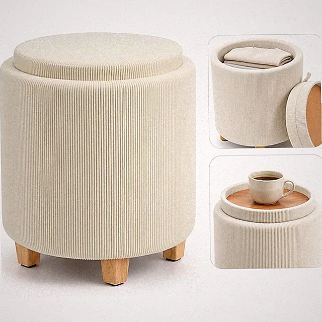 Zylindrischer Cord-Sitzhocker mit Stauraum, rund, mit Deckel, Holzbeine, Beige